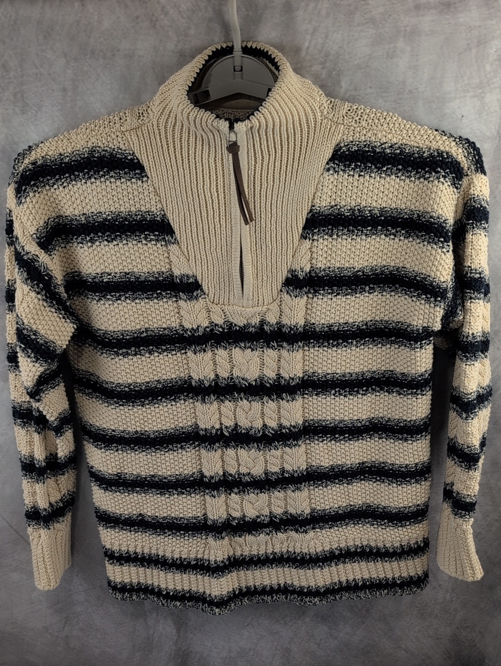 L.L. Bean Signature Cream Navy Striped Cable Knit Quarter Zip Sweater Large